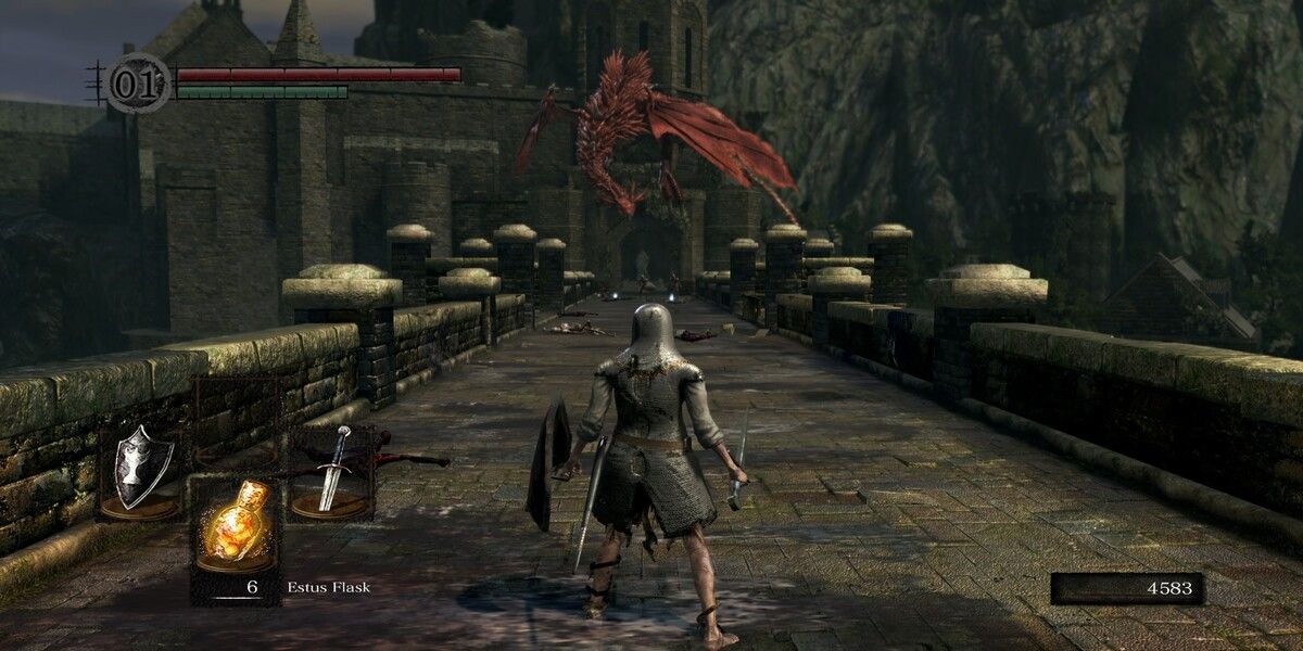Character face to face with dragon in Dark Souls