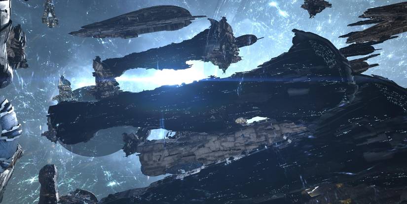 eve online ship fleet blue background