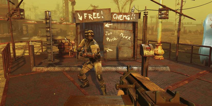 Fallout 4 player with a gun fighting raiders