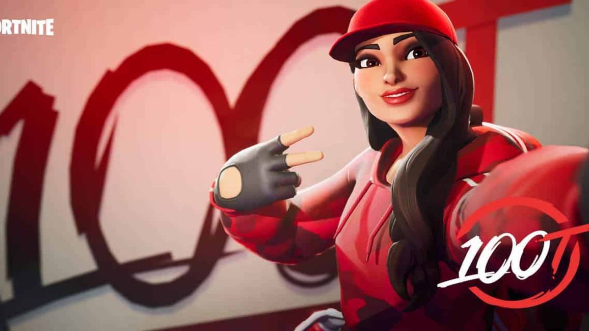 fortnite player in front of 100 thieves logo