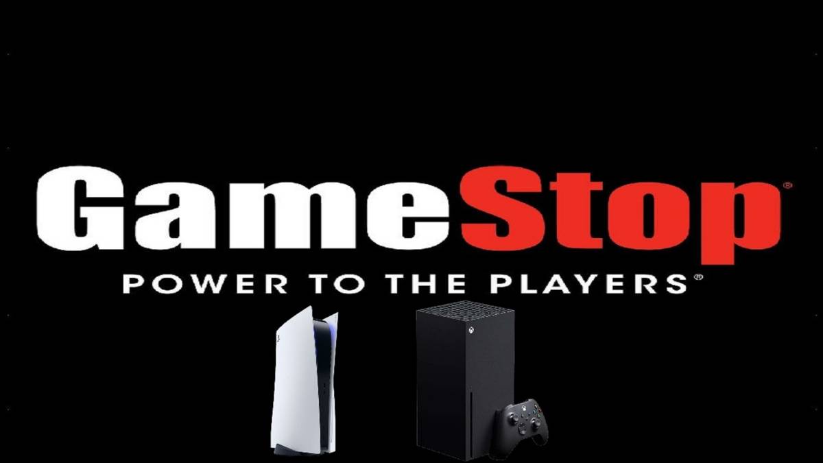 gamestop logo with ps5 and xbox series x consoles