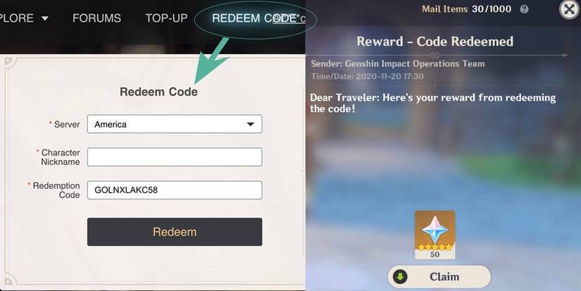 mihoyo website redemption code how to