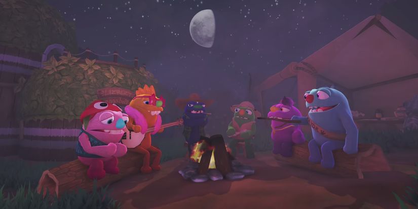 grumpus from bugsnax around the campfire