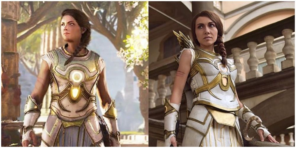 In-game Kassandra wearing the Elysium outfit and a cosplay of it