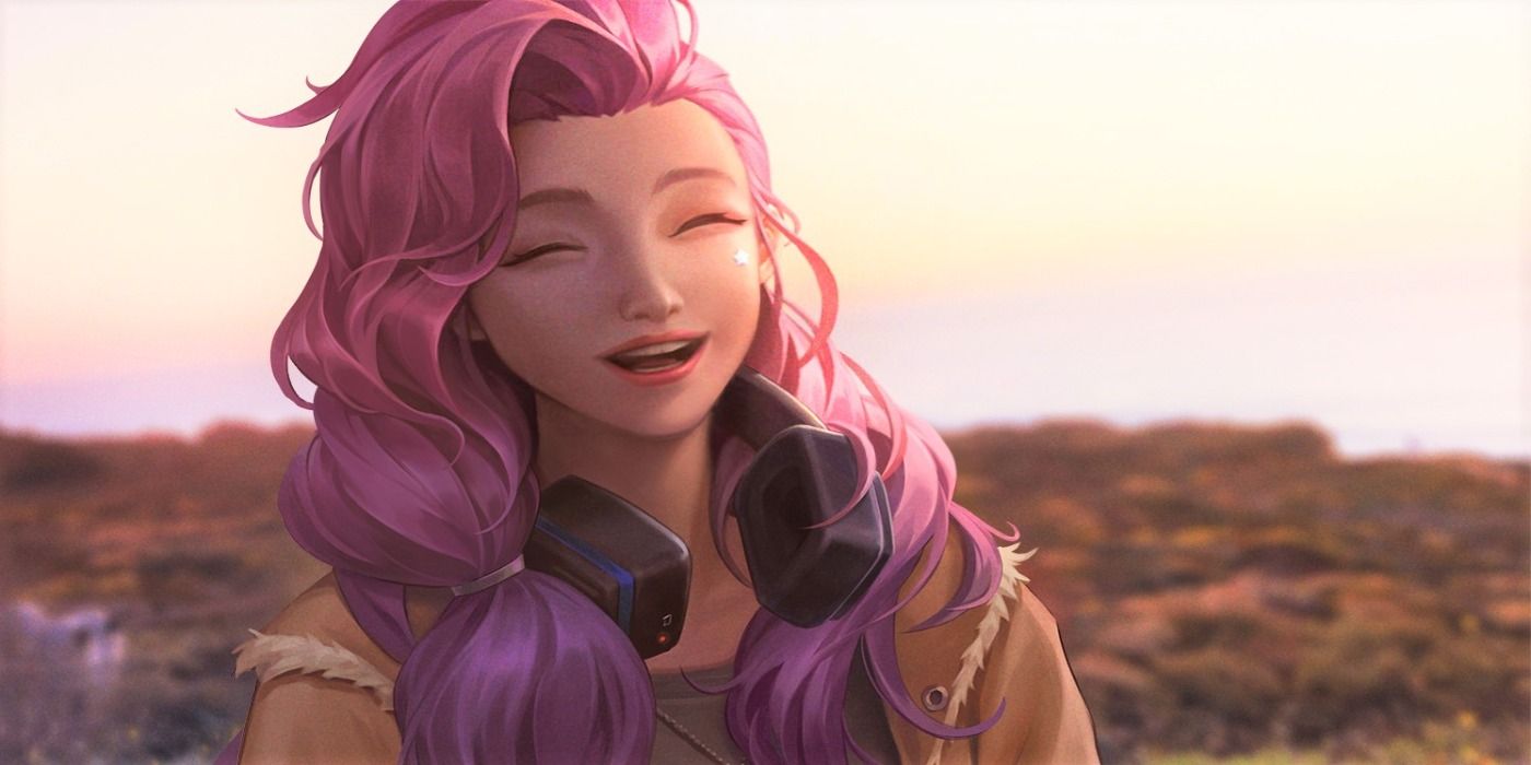 league of legends seraphine smiling in field with headphones