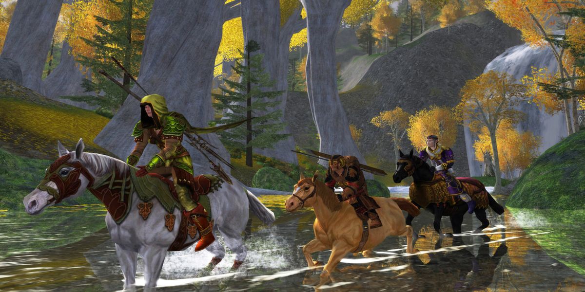 Lord of the Rings Online promotional gameplay image of characters riding horses