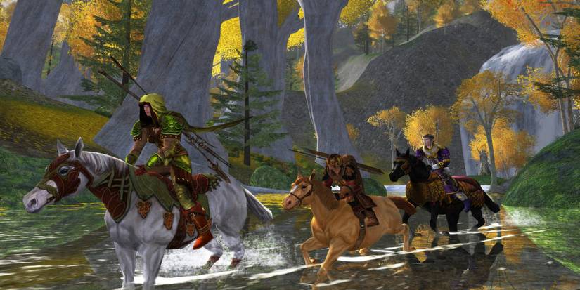 Lord of the Rings Online promotional gameplay image of characters riding horses