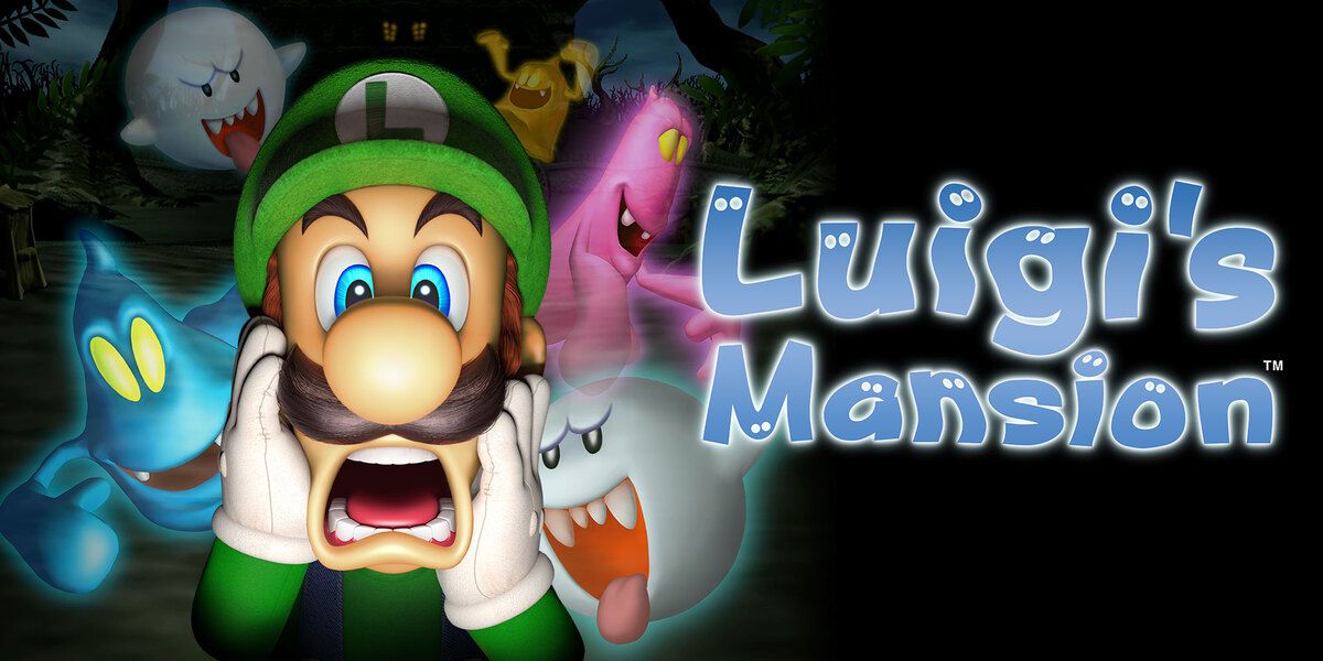 Luigi's Mansion promotional image of Luigi, the titleand ghosts