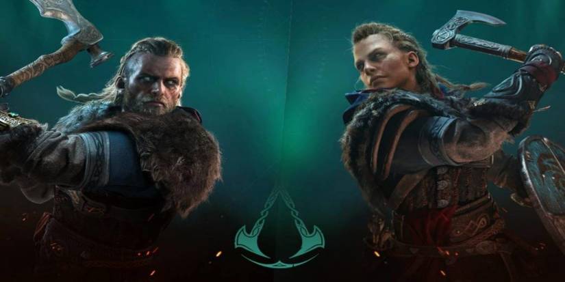 male and female eivor with logo in between them