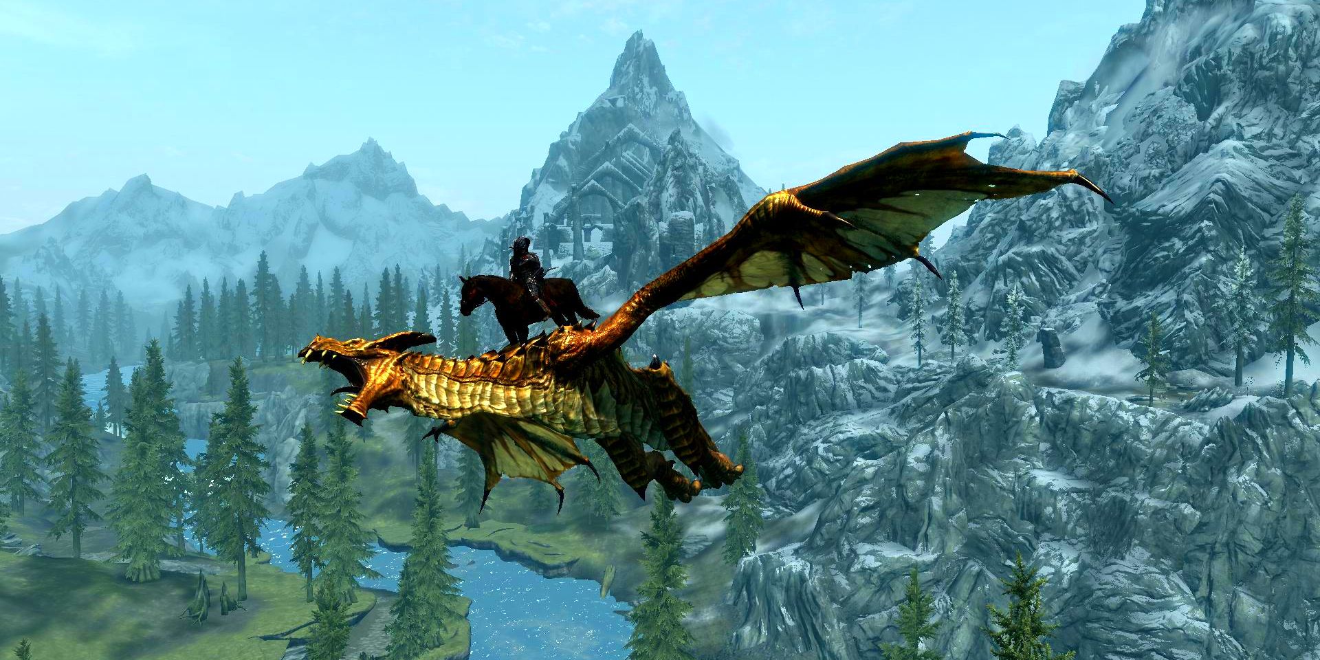 Horse on dragon in Skyrim