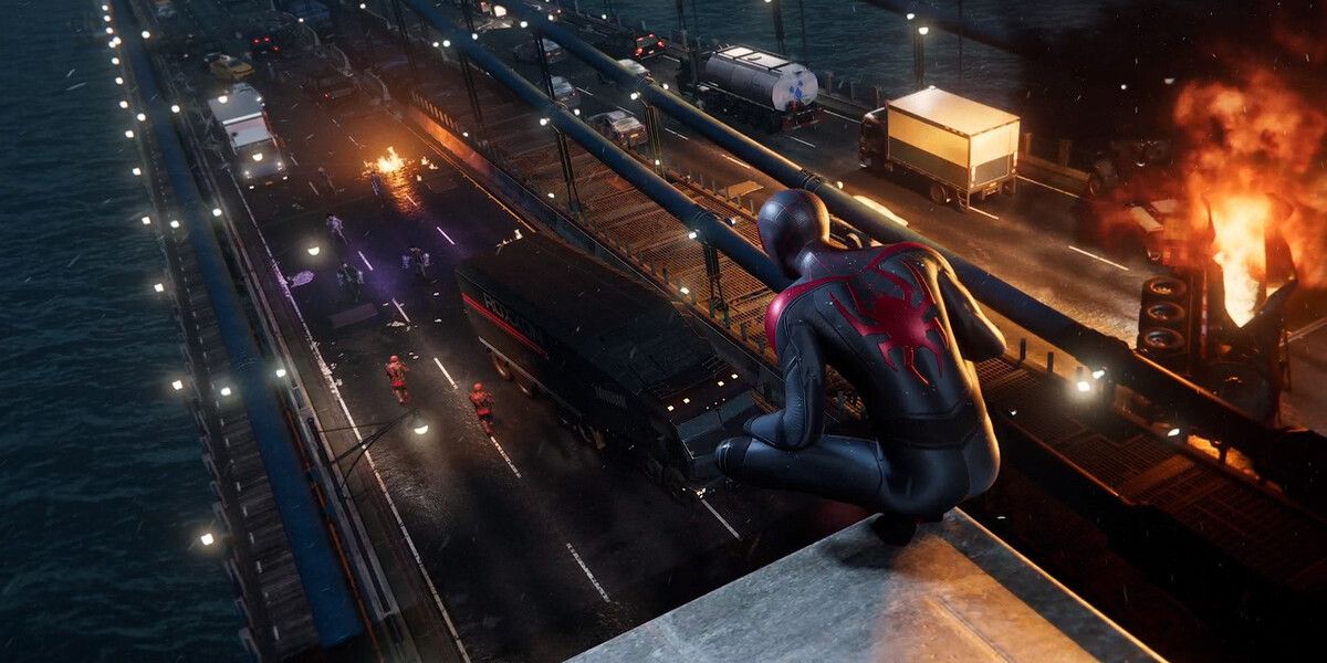 Spiderman looking over road