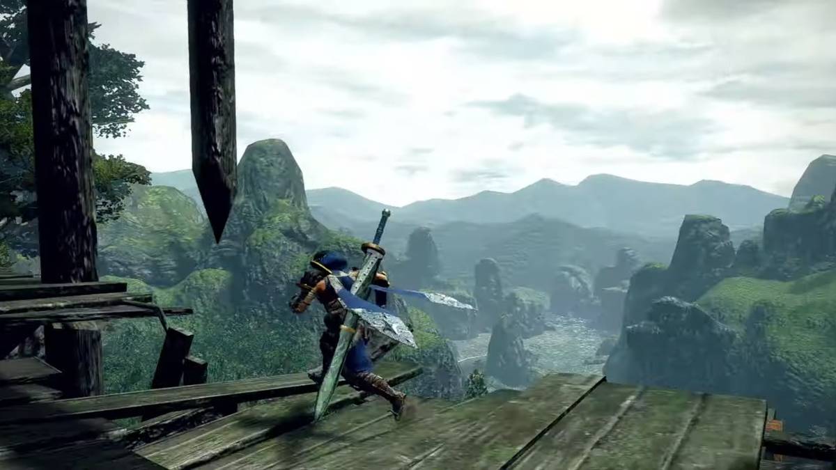 monster hunter rise player crossing broken bridge with mountains