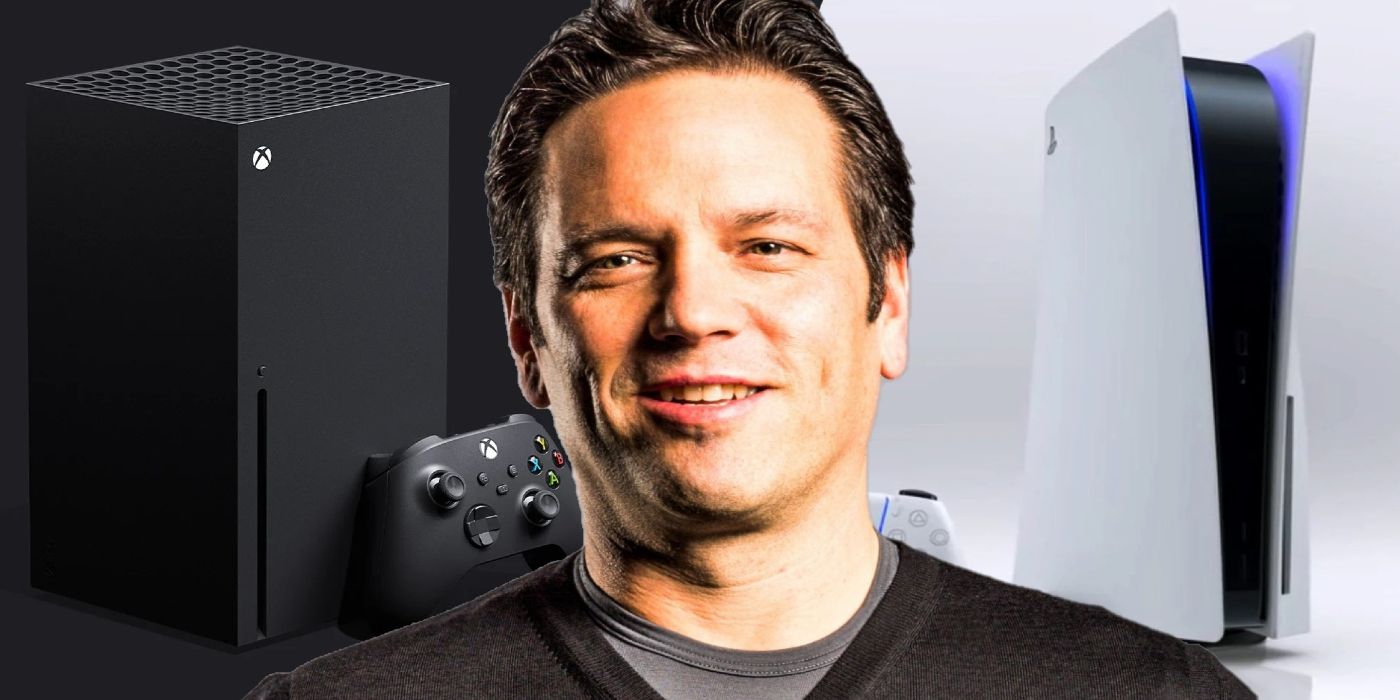 phil spencer in front of ps5 and xbox series x