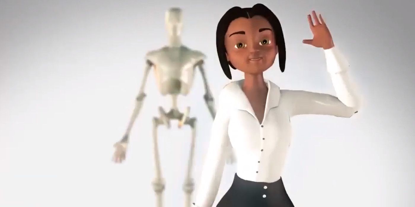 Characters rendered in Poser Pro: a woman waving in the foreground, a skeletal figure in the background.