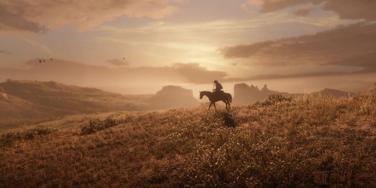 Red Dead Redemption 2 вид персонажа на лошади над пейзажем дикого запада