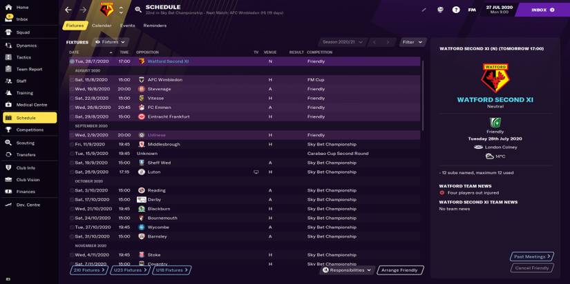 Team schedule in Football Manager 21