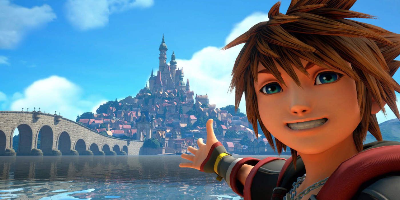Sora poses in front of Kingdom of Corona from KH3