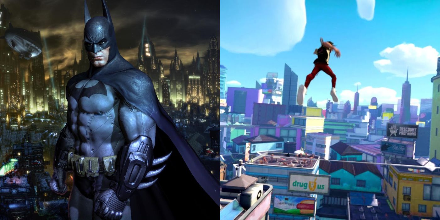 (Left) Batman in Arkham City (Right) Character leaping through air in Sunset Overdrive
