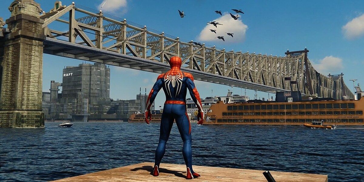 spider-man ps4 gamplay, view of river and bridge
