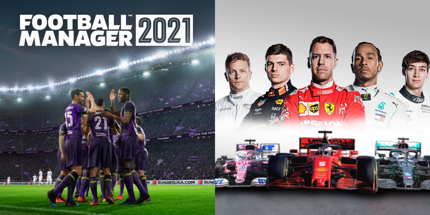 (Left) Football Manager 21 promotional title image (Right) F1 2020 promotional image of drivers