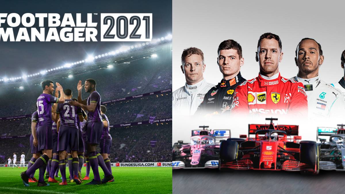 (Left) Football Manager 21 promotional title image (Right) F1 2020 promotional image of drivers