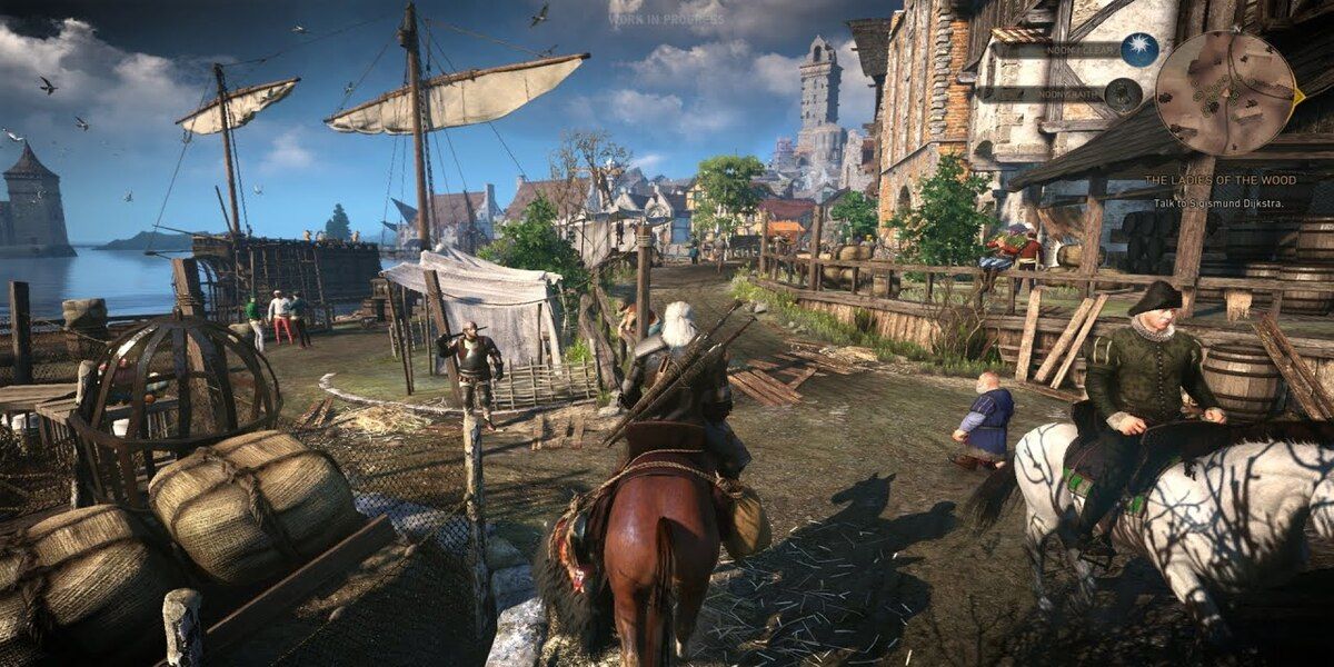 Geralt riding through village on a horse in The Witcher 3