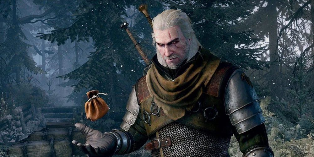 Geralt with a bag of coin (The Witcher 3)