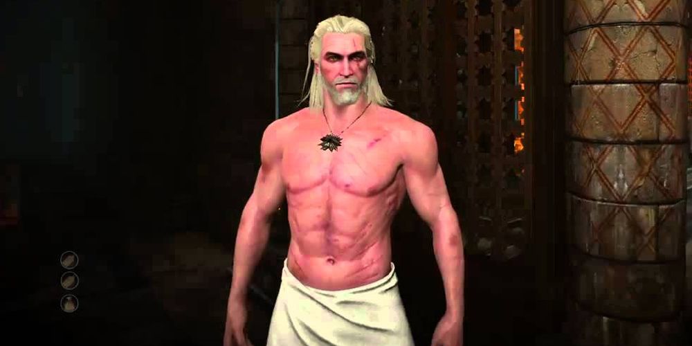 Geralt wearing only a bath towel (The Witcher 3)