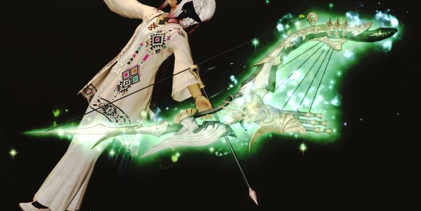 Glowing green bow held by Au Ra.