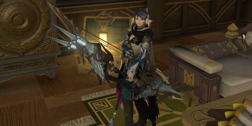 female au ra holding metal bow