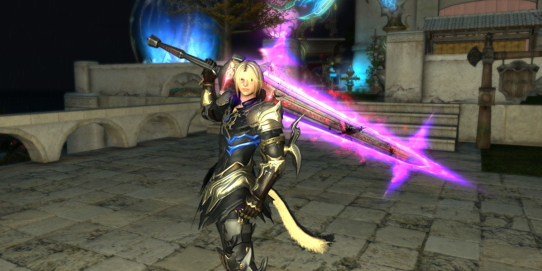 Catboy holding glowing greatsword on his shoulder.