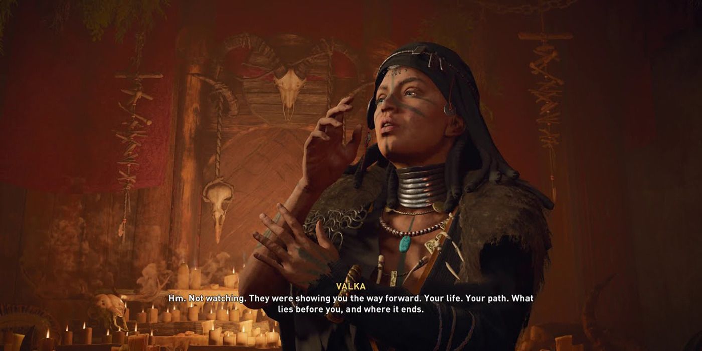 Valhalla's Seer Valka speaking in dark temple