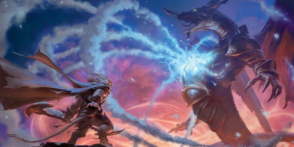 a leonin planewalker fighting and elder dragon around energy of the maelstrom in mtg