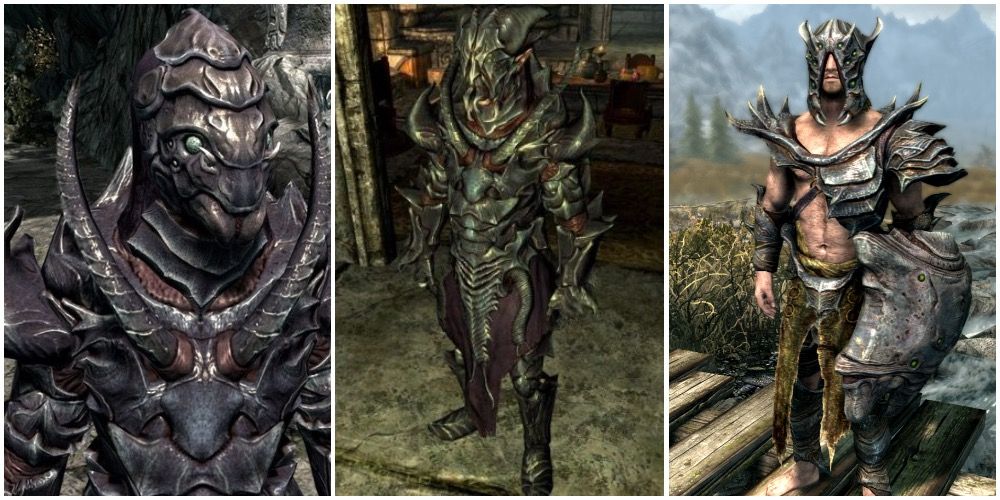 The Dragon Born wearing different versions of the Falmer armor