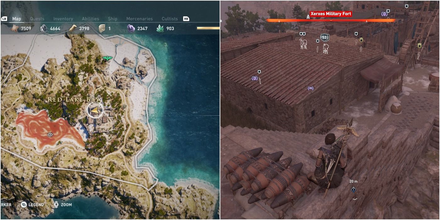 Assassin's Creed Odyssey Split Image In-game Map Of Red Lake Bay and a Building inside the Xerxes Military Fort