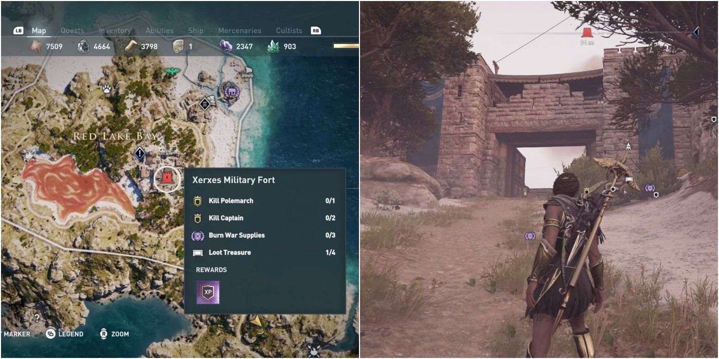 Assassin's Creed Odyssey Xerxes Military Fort Split Image one half has the in-game map other is of the front of the fort