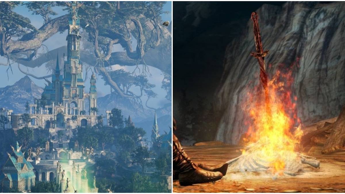 Asgard and a Dark Souls bonfire in Assassin's Creed Valhalla