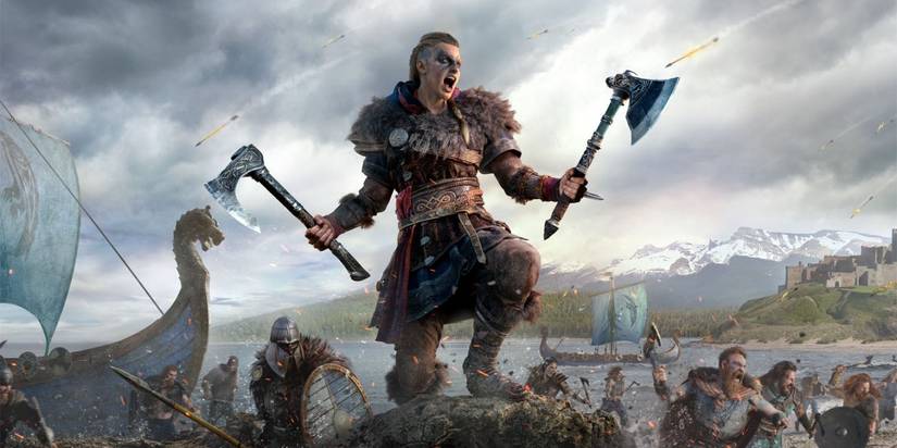 Eivor with two ax's ready for battle