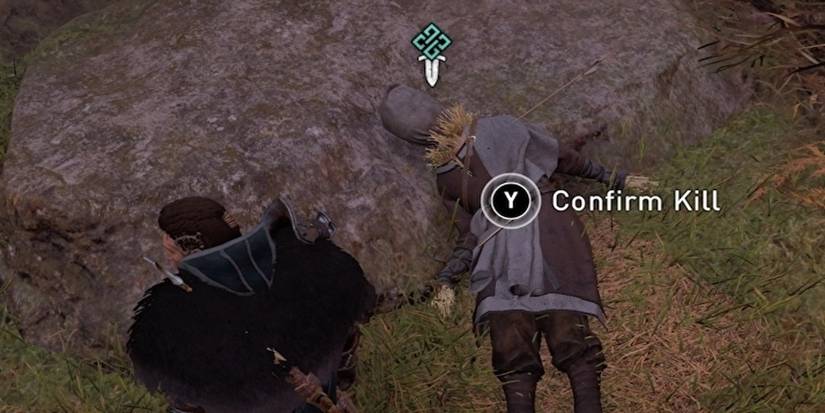 Assassin's Creed Valhalla assassinate strawman close up on ground confirm kill prompt