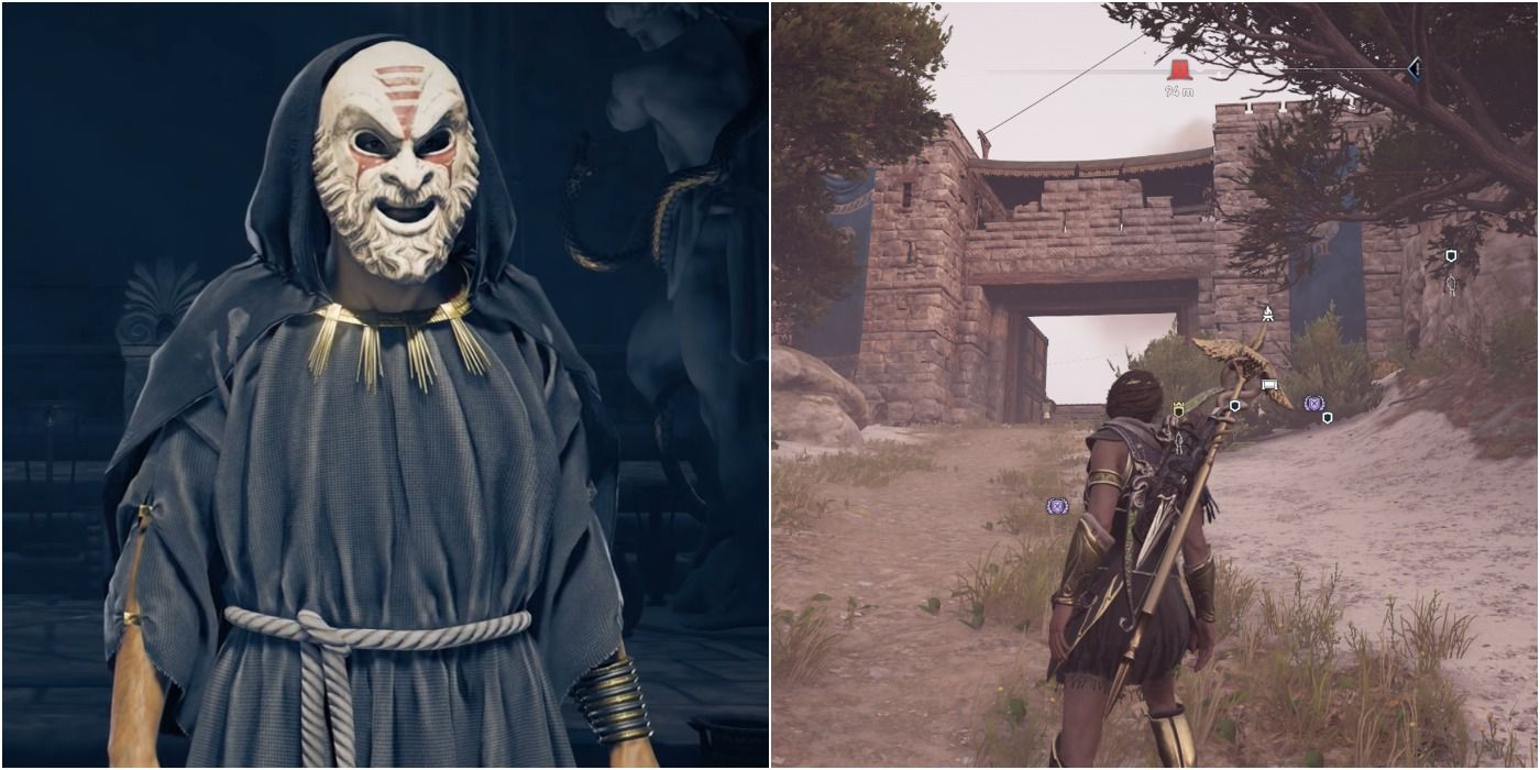 Assassin's Creed Odyssey Featured Image Split Image Disguised Cultist and Kassandra Looking At Xerxes Military Fort