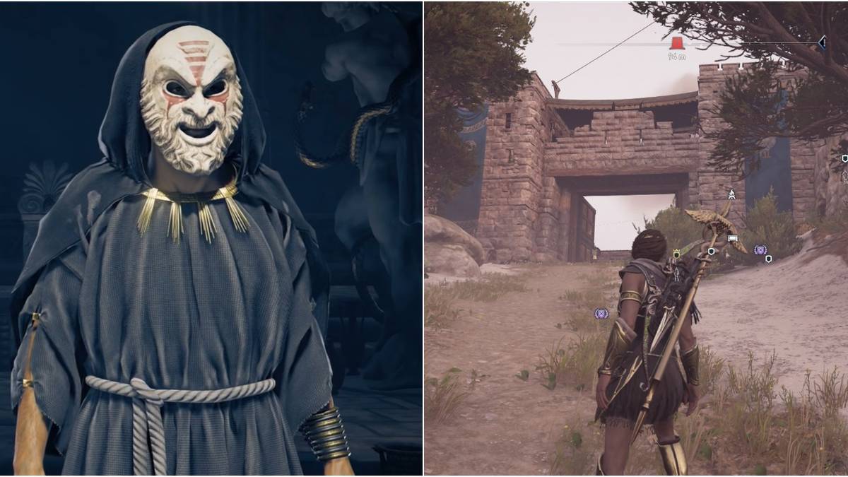 Assassin's Creed Odyssey Featured Image Split Image Disguised Cultist and Kassandra Looking At Xerxes Military Fort