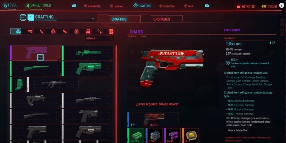 Cyberpunk 2077 Chaos Pistol In Equipment Menu