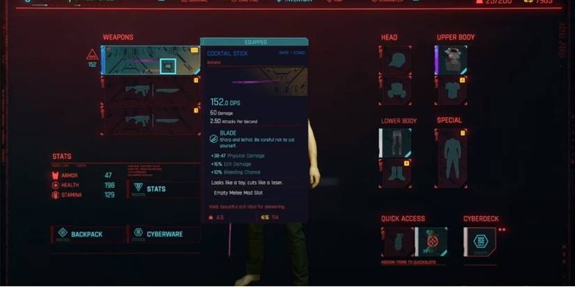Cyberpunk 2077 Cocktail Stick In Equipment Menu
