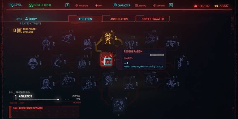 Cyberpunk 2077 Regeneration In The Athletics Skill Tree