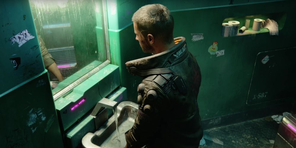 Cyberpunk 2077 V Looking At Himself In The Mirror