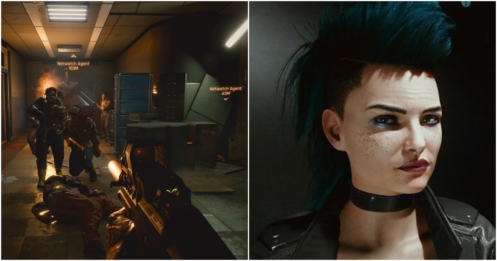 Cyberpunk 2077 split image young rogue and combat