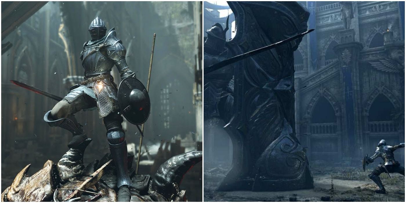 split image with Demon's Souls knight and the tower knight boss