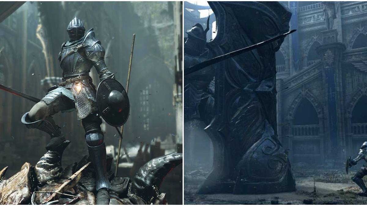 split image with Demon's Souls knight and the tower knight boss