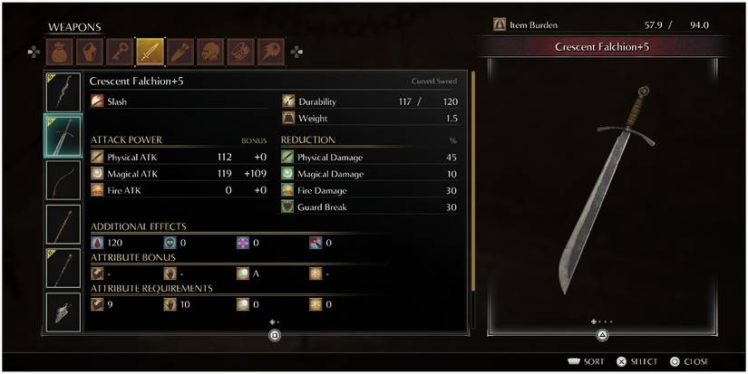 Demon's Souls crescent falchion stats