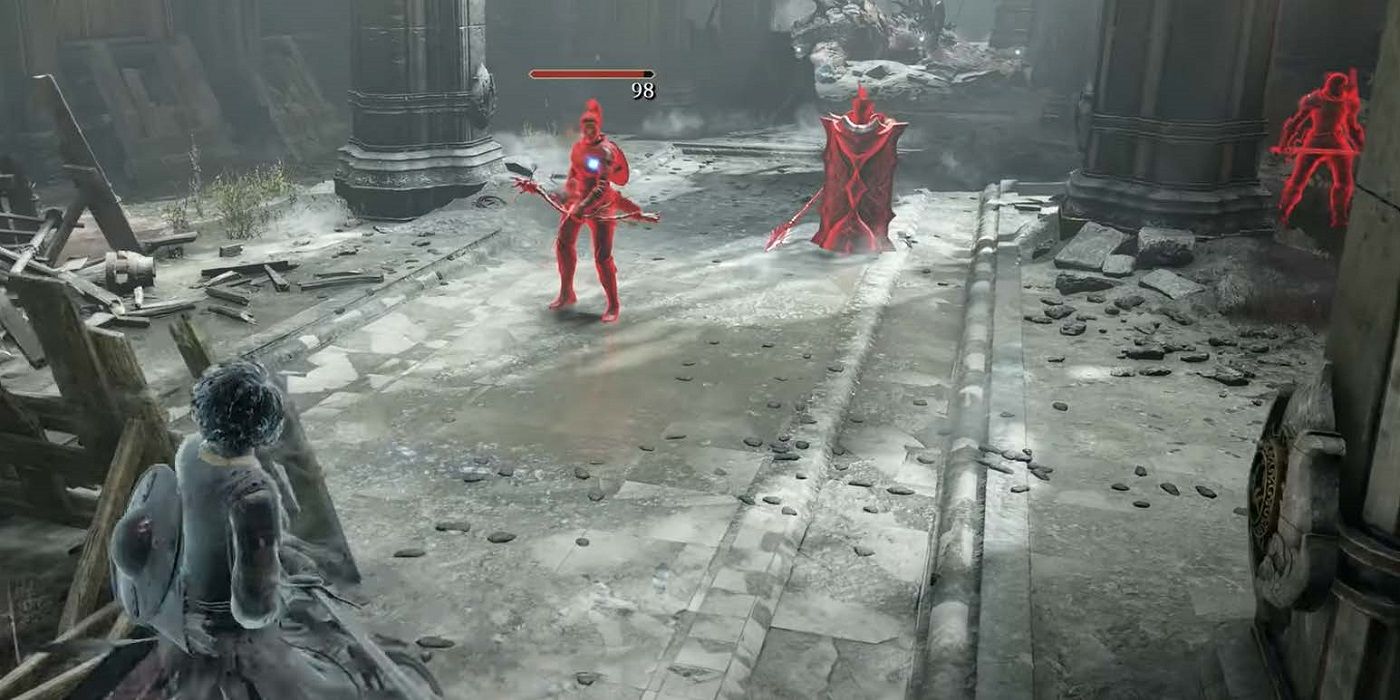 3 red phantoms stop the player from progressing and encroach menacingly Demon's Souls